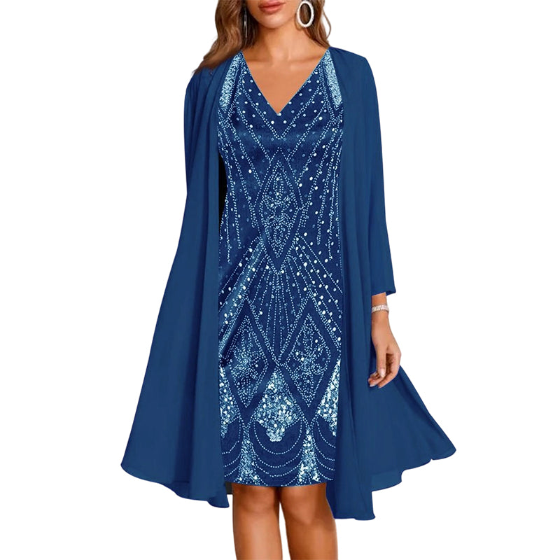 šāØ Conjunto Elegante de Vestido de Chiffon 2 PeƧas ā Vestido + CardigĆ£ Fluido para Eventos e OcasiƵes Especiais