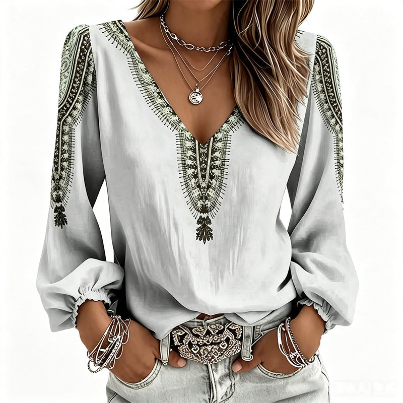 đ⨠Blusa Feminina de Manga Longa com Gola V e Estampa 3D â Estilo moderno, conforto e elegância para o dia a dia