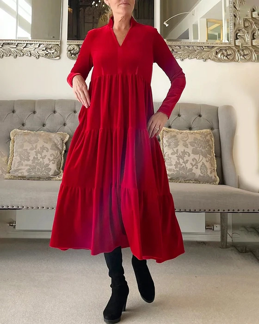 Robe trapèze mi-longue plissée de couleur unie