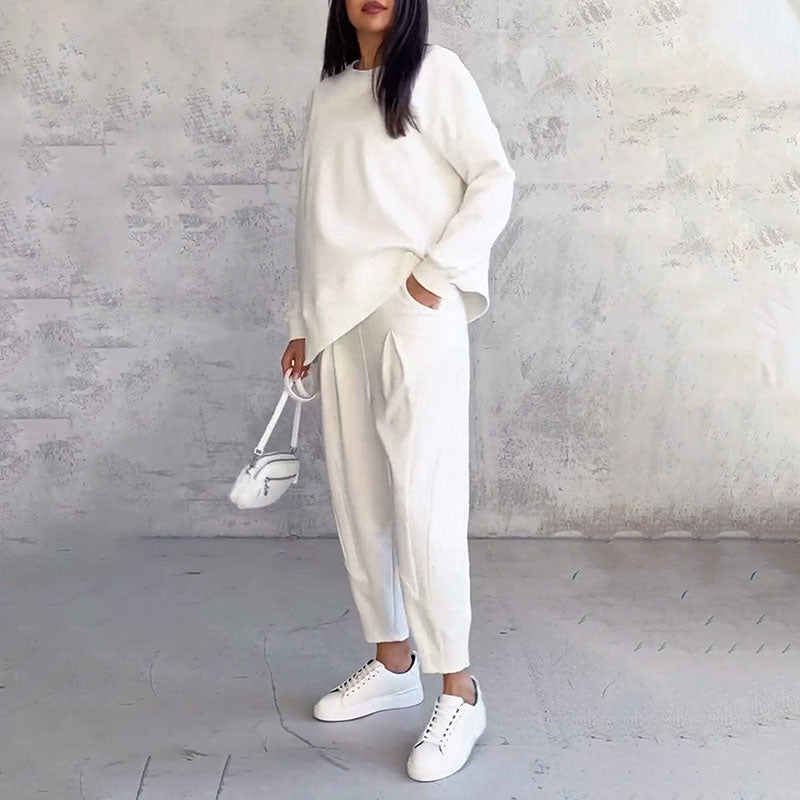 Top de manga comprida com gola redonda e conjunto de 2 peças de calças