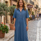 👗💙 Vestido Midi Jeans Feminino – Estilo Minimalista com Conforto e Versatilidade para o Dia a Dia