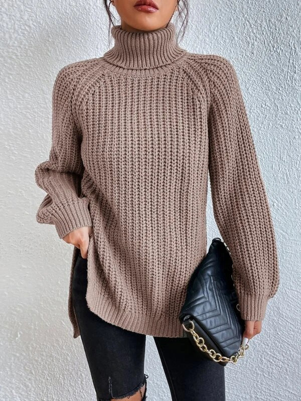 Cotton Turtleneck Raglan Sleeve Split Hem Sweater