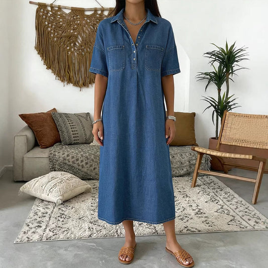 👗💙 Vestido Midi Jeans Feminino – Estilo Minimalista com Conforto e Versatilidade para o Dia a Dia