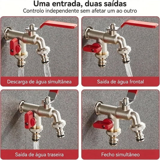 🔥Desconto de 50% no último dia!🔥Torneira de Jardim Universal em Aço Inoxidável com Duas Saídas – Válvulas Independentes, Resistente e de Fácil Instalação