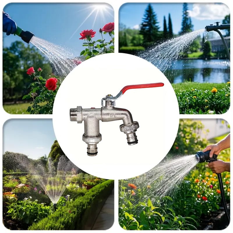 🔥Desconto de 50% no último dia!🔥Torneira de Jardim Universal em Aço Inoxidável com Duas Saídas – Válvulas Independentes, Resistente e de Fácil Instalação