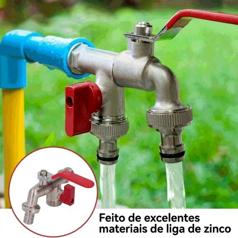 🔥Desconto de 50% no último dia!🔥Torneira de Jardim Universal em Aço Inoxidável com Duas Saídas – Válvulas Independentes, Resistente e de Fácil Instalação