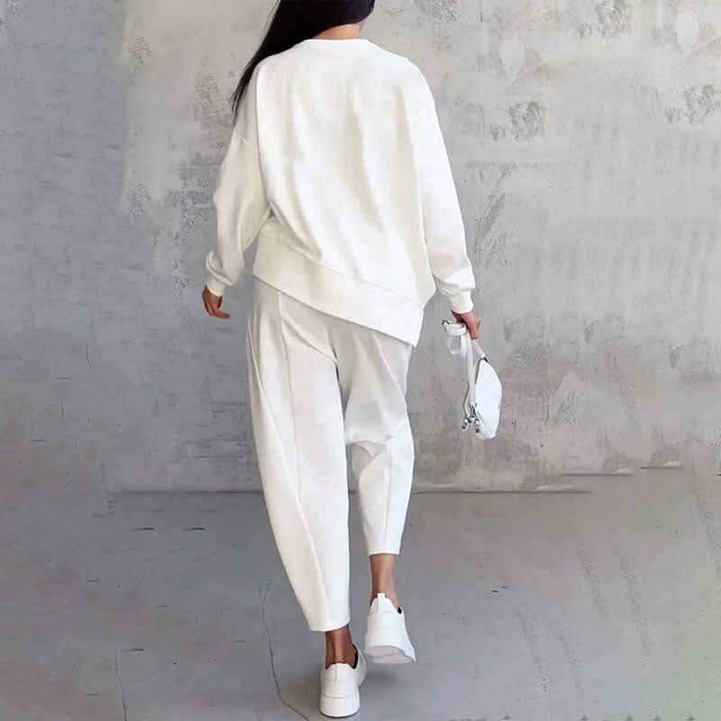 Top de manga comprida com gola redonda e conjunto de 2 peças de calças