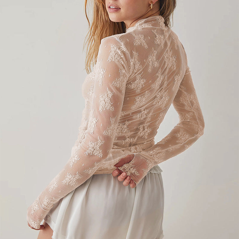 Women's Floral Sheer Lace Layering Top with Thumb Hole