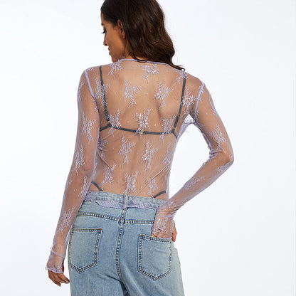 Women's Floral Sheer Lace Layering Top with Thumb Hole