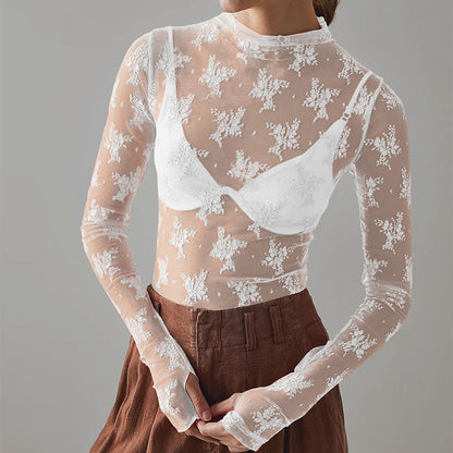 Women's Floral Sheer Lace Layering Top with Thumb Hole