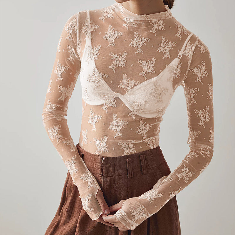 Women's Floral Sheer Lace Layering Top with Thumb Hole