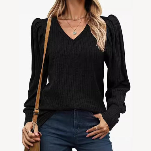 Women's V-Neck Pleated Sleeve Casual Top