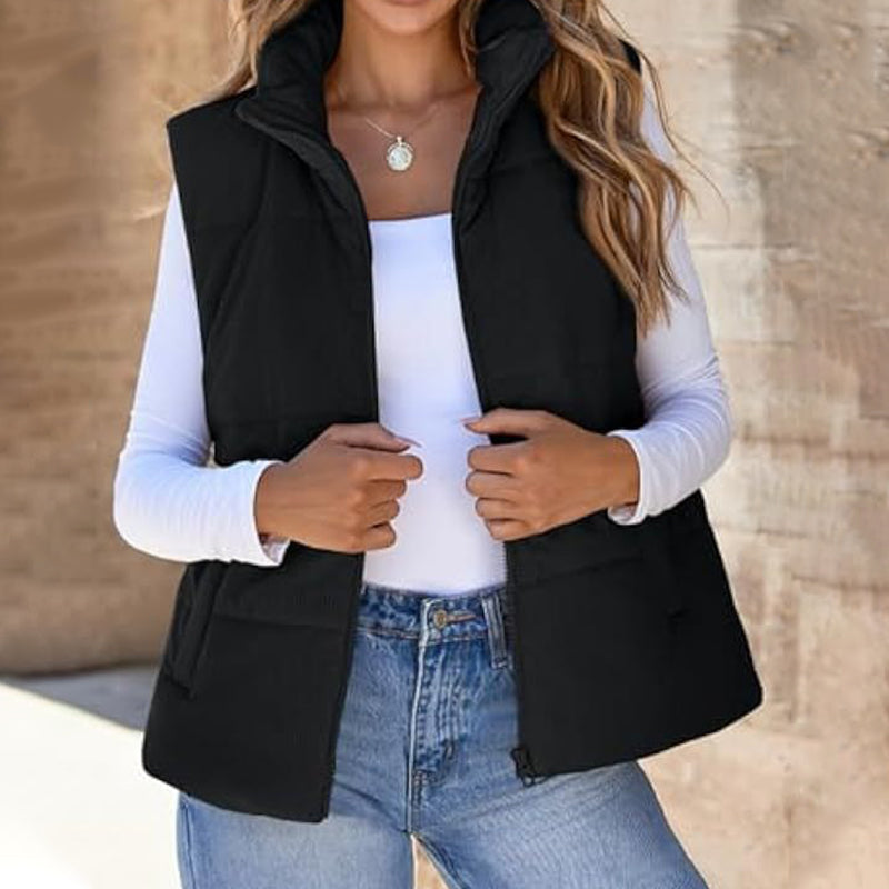 Women's Solid Color Thickened Warm Vest with Pockets