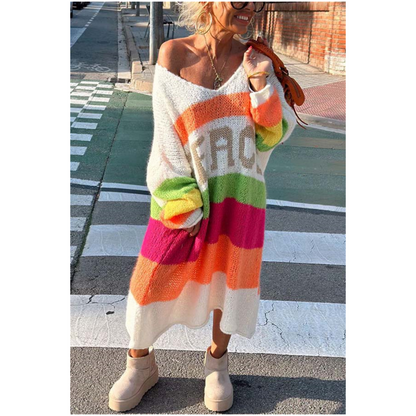 Color Block V-Neck Letter Print Sweater Dress