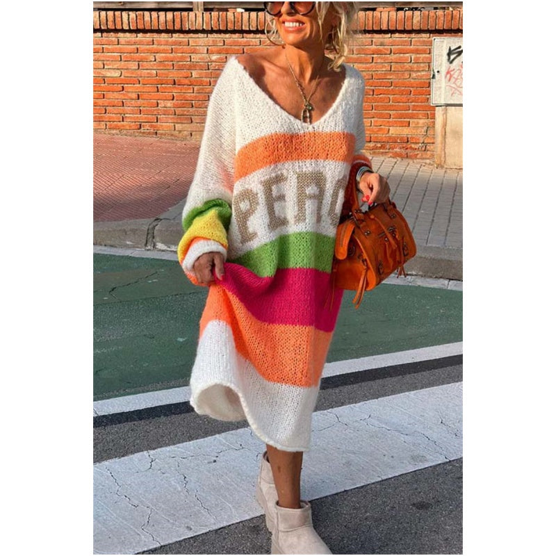 Color Block V-Neck Letter Print Sweater Dress