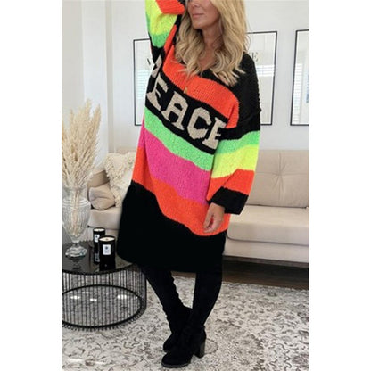 Color Block V-Neck Letter Print Sweater Dress