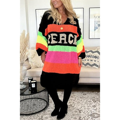 Color Block V-Neck Letter Print Sweater Dress