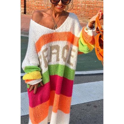 Color Block V-Neck Letter Print Sweater Dress