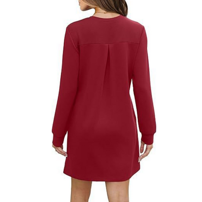 Women’s Solid Round-Neck Long-Sleeve Dresses with Pockets