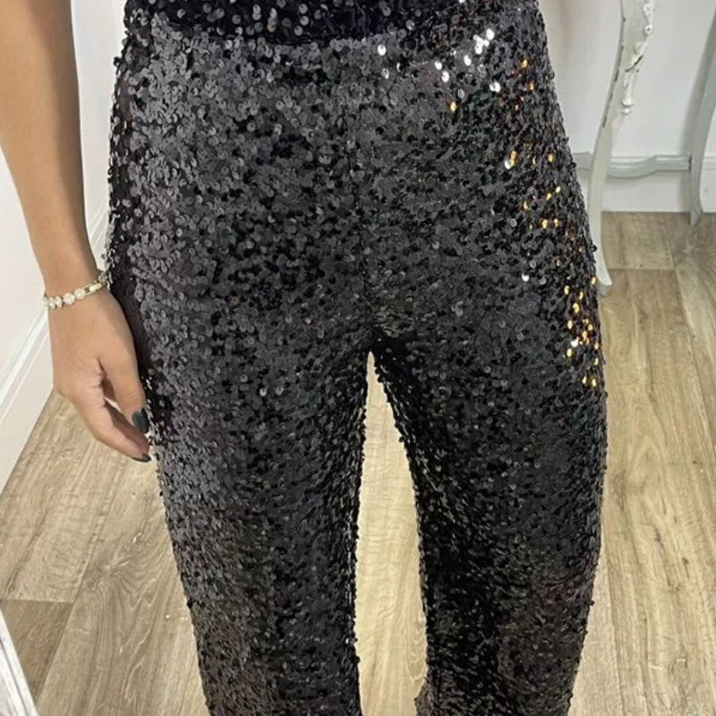 Women's High-Waist Sequin Slim Stretch Pants with Flared Legs