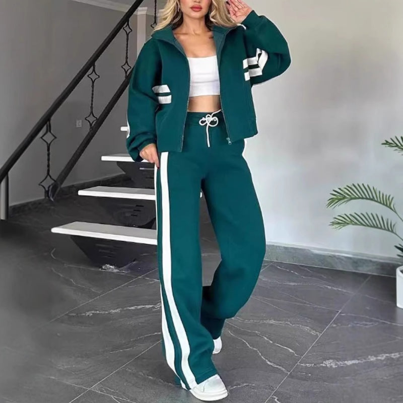 Women's Striped Zipper Jacket & Casual Pants 2-Piece Set