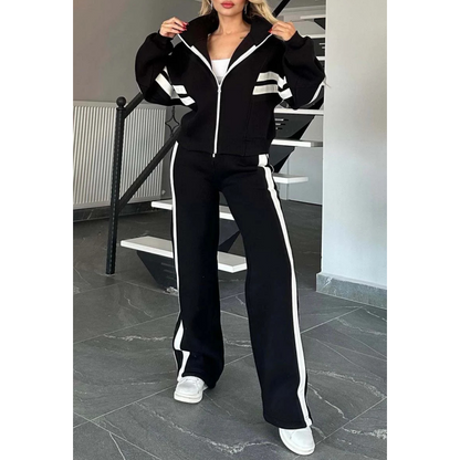 Women's Striped Zipper Jacket & Casual Pants 2-Piece Set