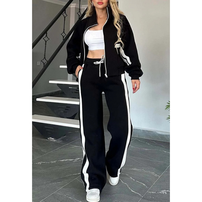 Women's Striped Zipper Jacket & Casual Pants 2-Piece Set