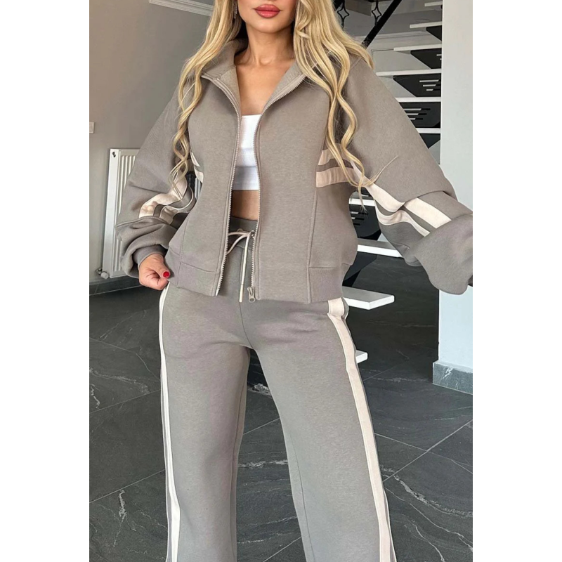 Women's Striped Zipper Jacket & Casual Pants 2-Piece Set