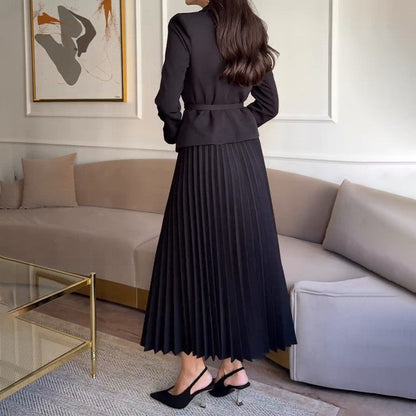 Women's Lapel Blazer & Pleated Maxi Skirt 2-Piece Set with Matching Belt