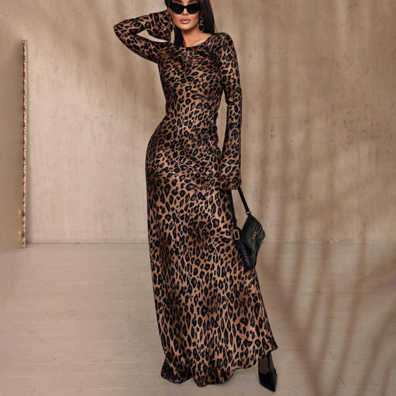 Women's Sexy Leopard Dress with Round Neck & Extra Long Sleeves