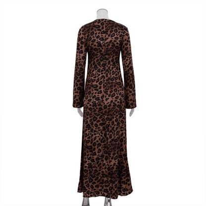 Women's Sexy Leopard Dress with Round Neck & Extra Long Sleeves