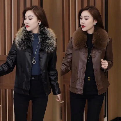 Women's Warm PU Leather Jacket with Plush Collar