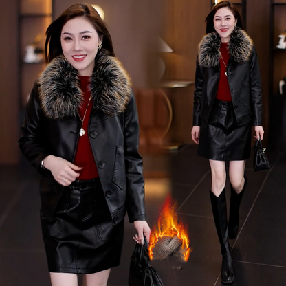 Women's Warm PU Leather Jacket with Plush Collar