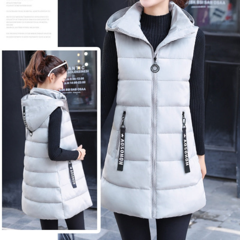 Gilet Long Matelassé Sans Manches avec Fermeture Éclair pour Femme