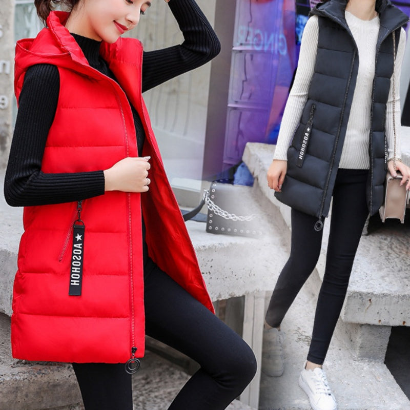 Gilet Long Matelassé Sans Manches avec Fermeture Éclair pour Femme