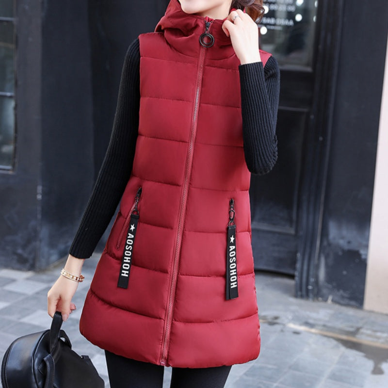 Gilet Long Matelassé Sans Manches avec Fermeture Éclair pour Femme
