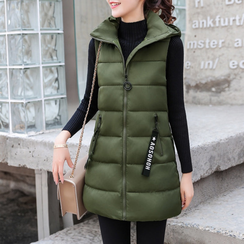 Gilet Long Matelassé Sans Manches avec Fermeture Éclair pour Femme