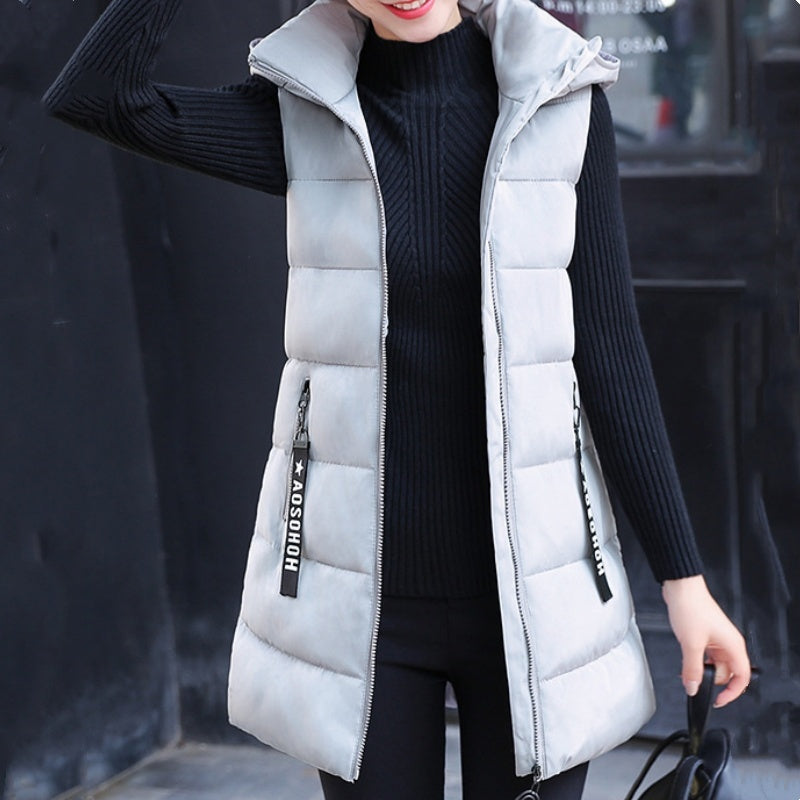 Gilet Long Matelassé Sans Manches avec Fermeture Éclair pour Femme