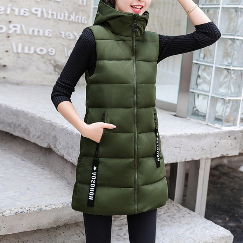 Gilet Long Matelassé Sans Manches avec Fermeture Éclair pour Femme