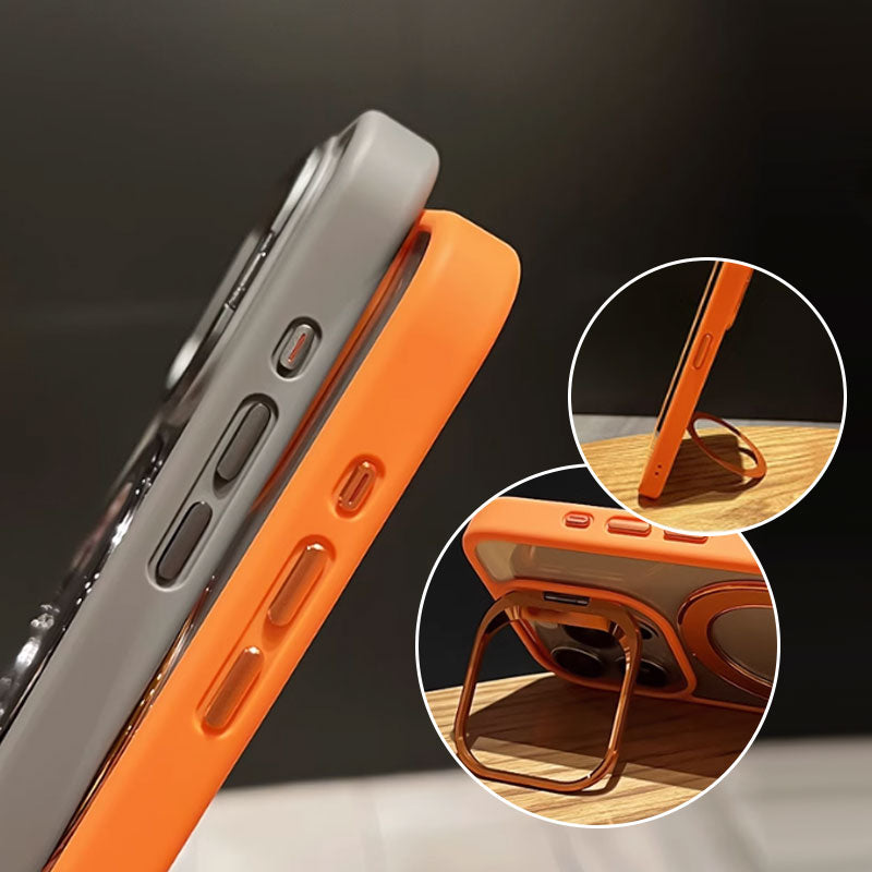 Coque magnétique pour iPhone avec support caché et film protecteur pour objectif