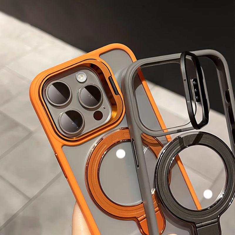 Coque magnétique pour iPhone avec support caché et film protecteur pour objectif