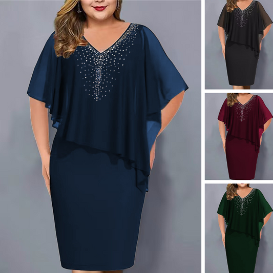 🎉50% DE DESCONTO👗Vestido capa com decote em V e strass com sobreposição de chiffon