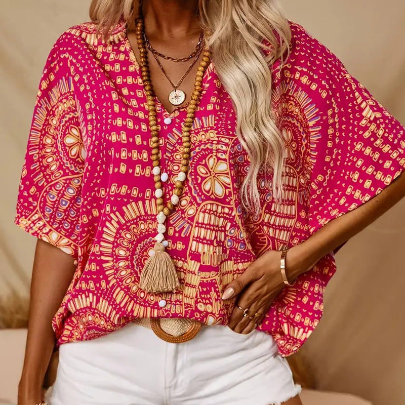 💃 Promoção do último dia: 50% de desconto 💐 Top feminino de estilo de férias, largo, com decote em V e estampado, com mangas dolman