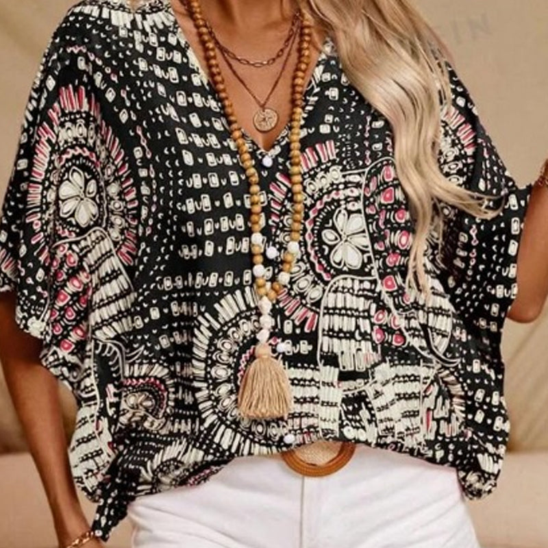 💃 Promoção do último dia: 50% de desconto 💐 Top feminino de estilo de férias, largo, com decote em V e estampado, com mangas dolman