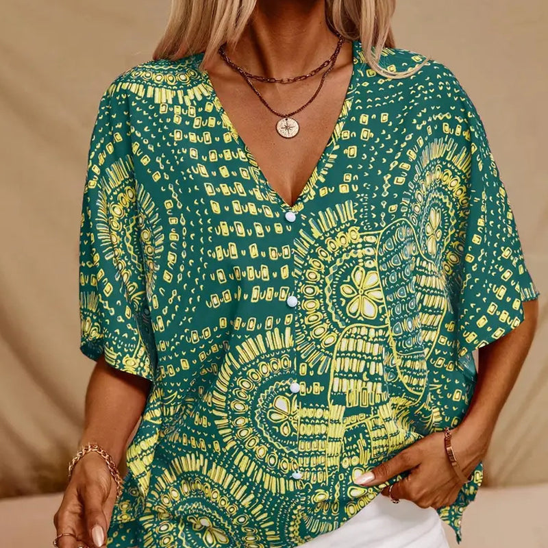 💃 Promoção do último dia: 50% de desconto 💐 Top feminino de estilo de férias, largo, com decote em V e estampado, com mangas dolman