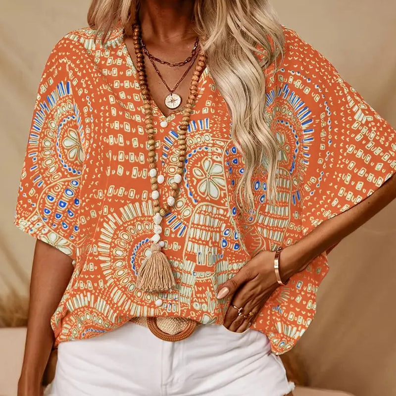 💃 Promoção do último dia: 50% de desconto 💐 Top feminino de estilo de férias, largo, com decote em V e estampado, com mangas dolman