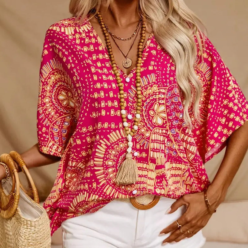 💃 Promoção do último dia: 50% de desconto 💐 Top feminino de estilo de férias, largo, com decote em V e estampado, com mangas dolman