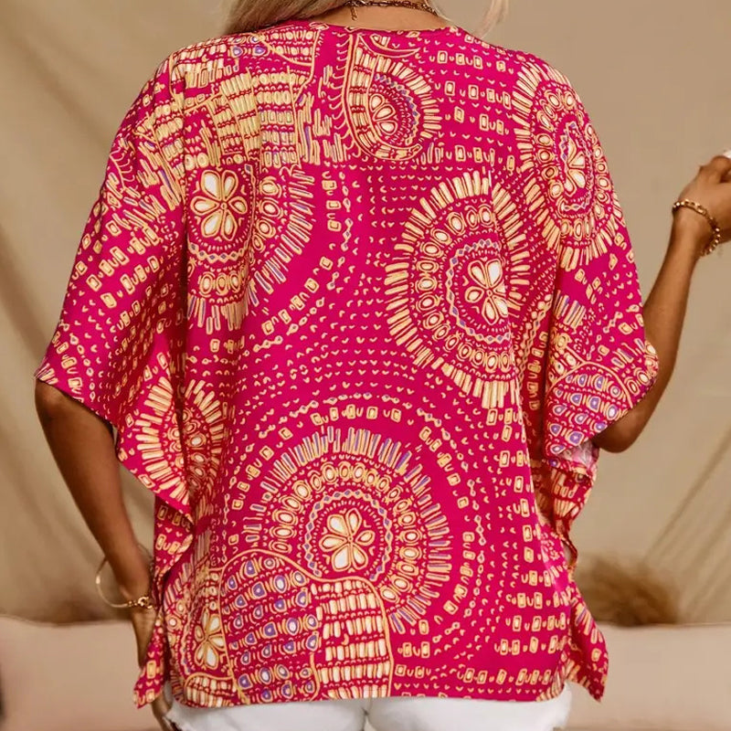 💃 Promoção do último dia: 50% de desconto 💐 Top feminino de estilo de férias, largo, com decote em V e estampado, com mangas dolman