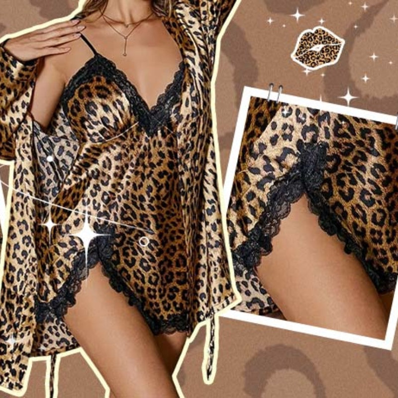 🔥Pyjamas les plus vendus-Ensemble de peignoir et nuisette imprimé léopard sexy