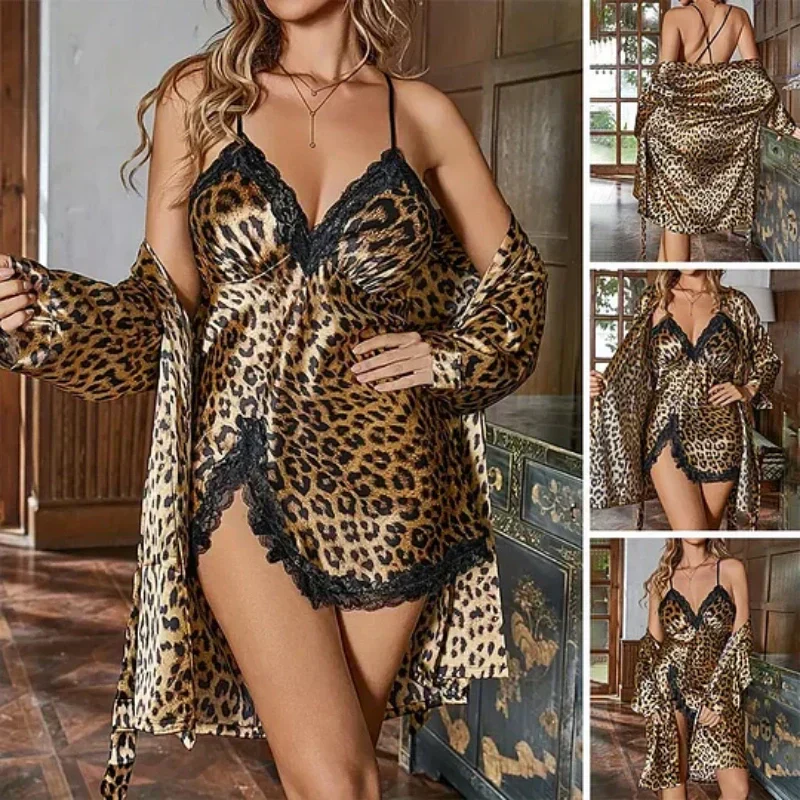 🔥Pyjamas les plus vendus-Ensemble de peignoir et nuisette imprimé léopard sexy